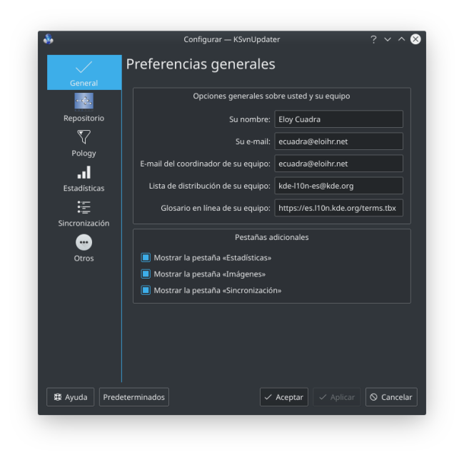Captura de pantalla con una vista del diálogo de configuración de KSvnUpdater (sección «General»)