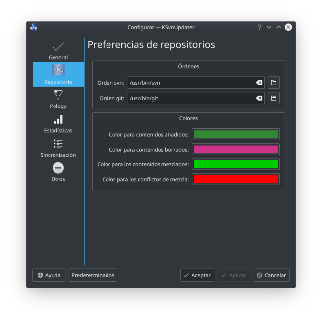 Captura de pantalla con una vista del diálogo de configuración de KSvnUpdater (sección «SVN»)