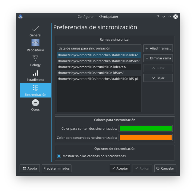 Captura de pantalla con una vista del diálogo de configuración de KSvnUpdater (sección «Sincronización»)